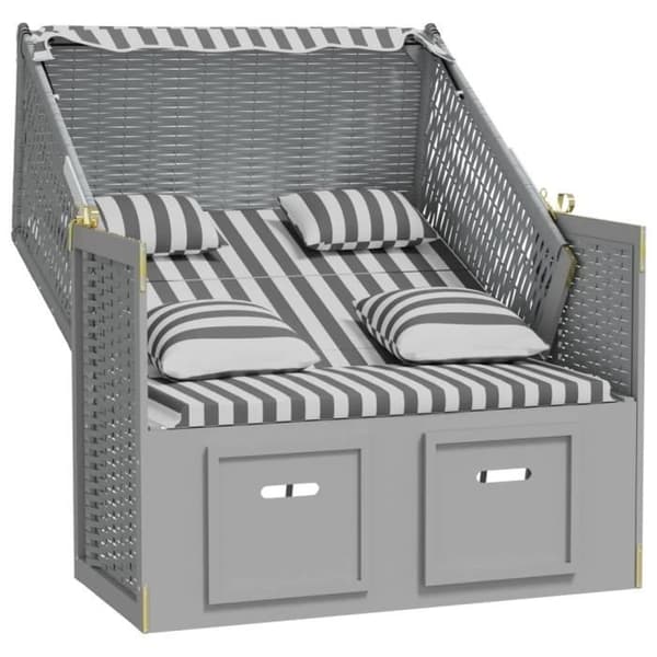 vidaXL Strandkorb med Kuddar Poly Rattan Massivt Trä Grå Vit
