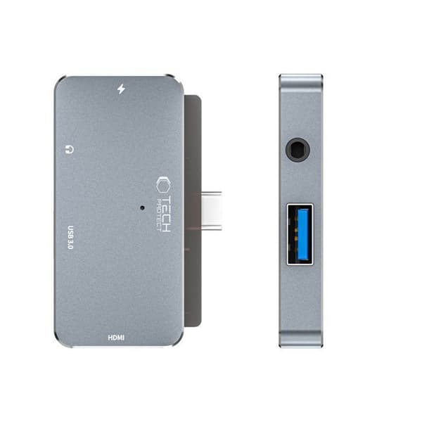 Adaptator Hub Tech-Protect V6 4 i 1 - USB-C, HDMI, 2 USB 3.0 - Aluminium Grå - Plug & Play