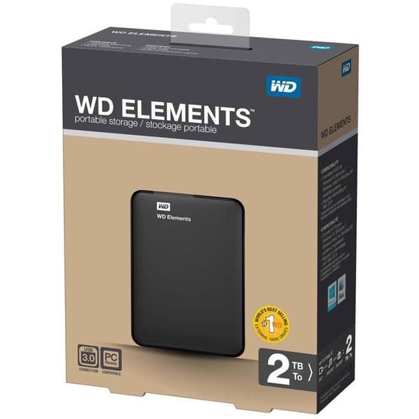 Bärbar extern hårddisk - WESTERN DIGITAL - Elements - 2 To - USB 3.0 - Svart