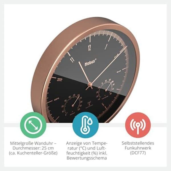 Väggklocka - MEBUS - TinyTime 1978 - Radiostyrd - Tyst - Termometer och Hygrometer