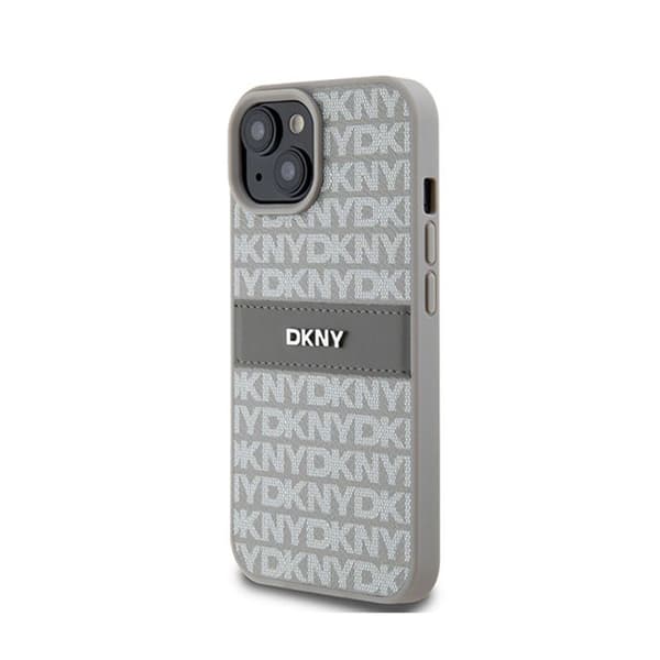 Mobilskal - DKNY - iPhone 15 Plus / 14 Plus - Beige Läder - Mono Rand - Stötskydd
