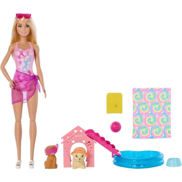 Barbie - Poolset med valpar och docka
