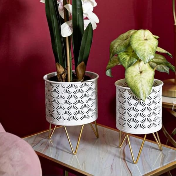 Set med 2 Design Blomkrukor "Carly" 20cm Vit & Guld