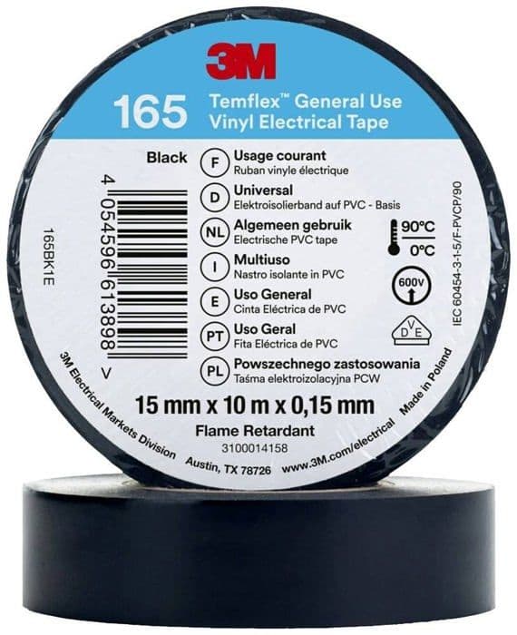 Elastiskt eltejp - 3M - 165BK1E - PVC - 10 m - Svart