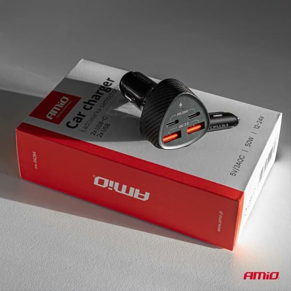 Bil-laddare 50 W 2x USB-A + 2x USB-C AMIO-04284