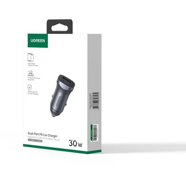Bil laddare - UGREEN - 1 USB-C + 1 USB-A - 30W - Grå