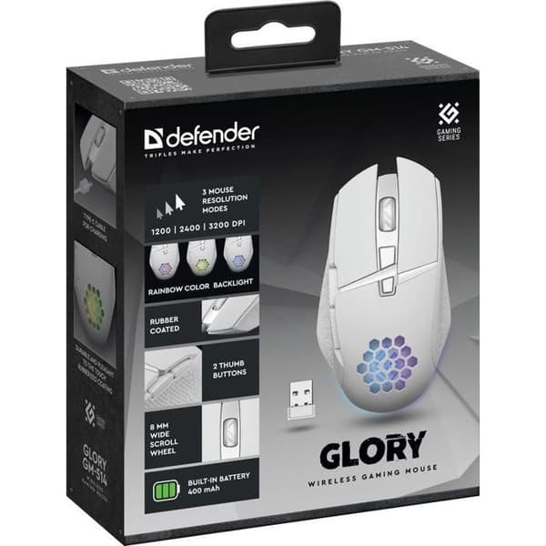 Optisk mus - DEFENDER - Glory GM-514 - Trådad - 3200 dpi - Vit färg