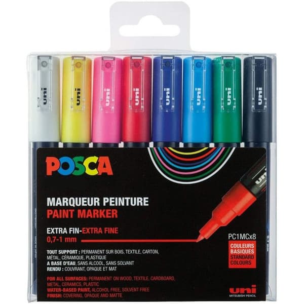 Marker - POSCA - PC1MC - Set of 8 - Extra-fine conical tip - Basic colors - Opaque
