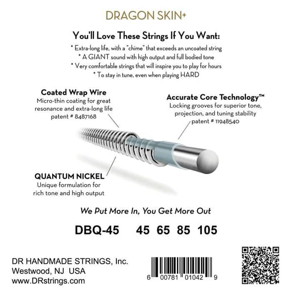 DR Strings Dragon Skin+ Coated Bassträngar Medium 45-105 för elbas