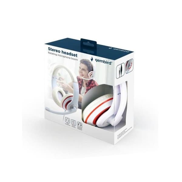 Gembird Wired on-ear headset vit, röd justerbar volym, headset