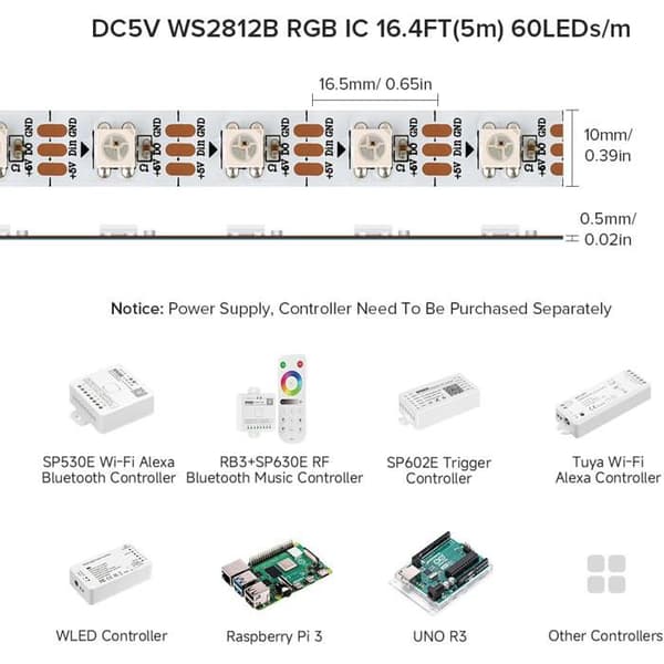 LED-stripe - BTF-LIGHTING - WS2812b - 5 m - 60 LEDs - Individuellt adresserbar