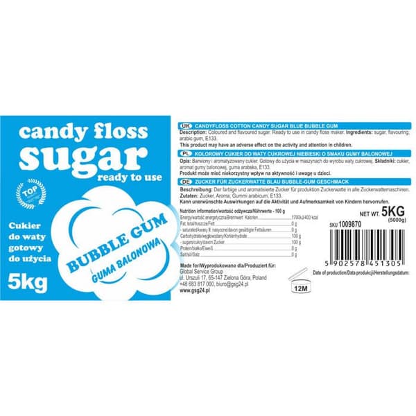 Färgad sockervaddssocker, blå, smak av tuggummi, 5 kg