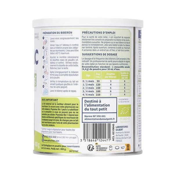 Physiolac Bio Mjölk 1:a Åldern 400g