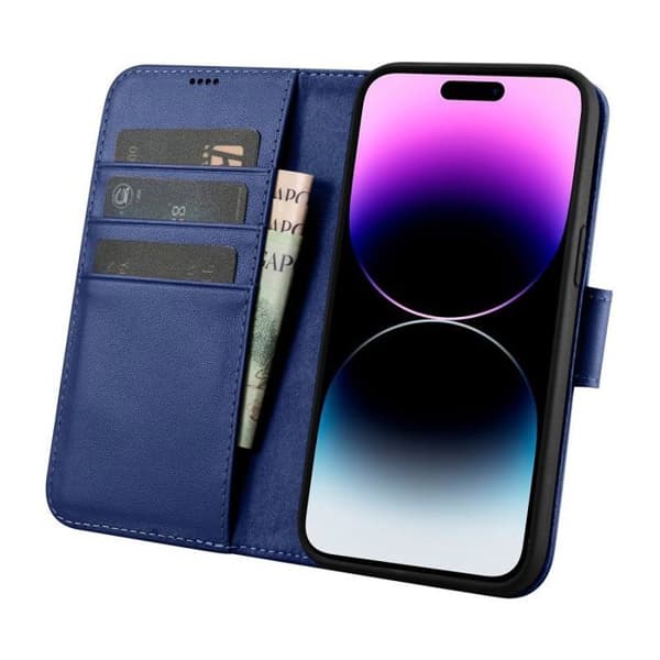 2-i-1 plånboksfodral i läder för iPhone 14 Pro, RFID-skydd, blå