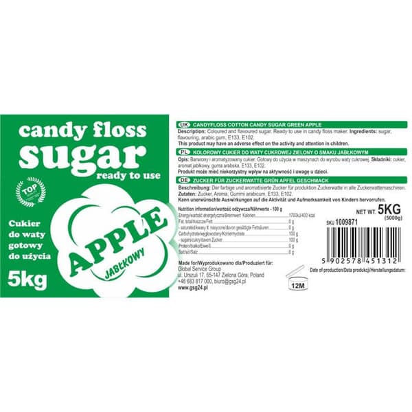 Färgglad sockervaddssocker, grön, äppelsmak, 5 kg