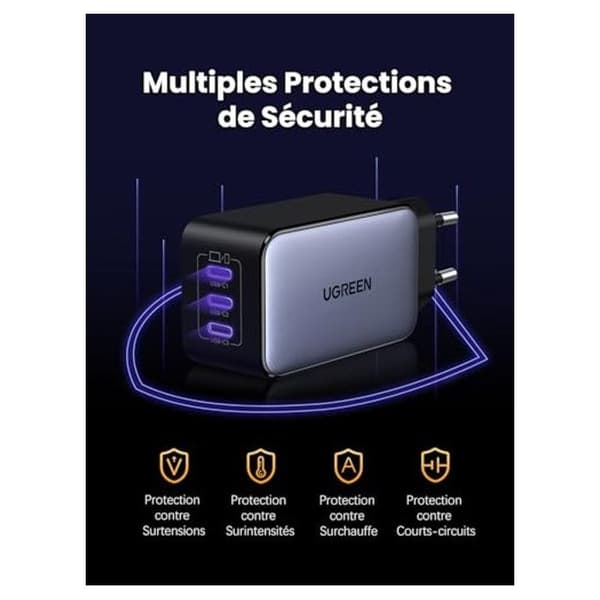 USB-C-laddare 65W - UGREEN - Nexode 65W - GaNInfinity - 3 USB-C-portar - Kompakt