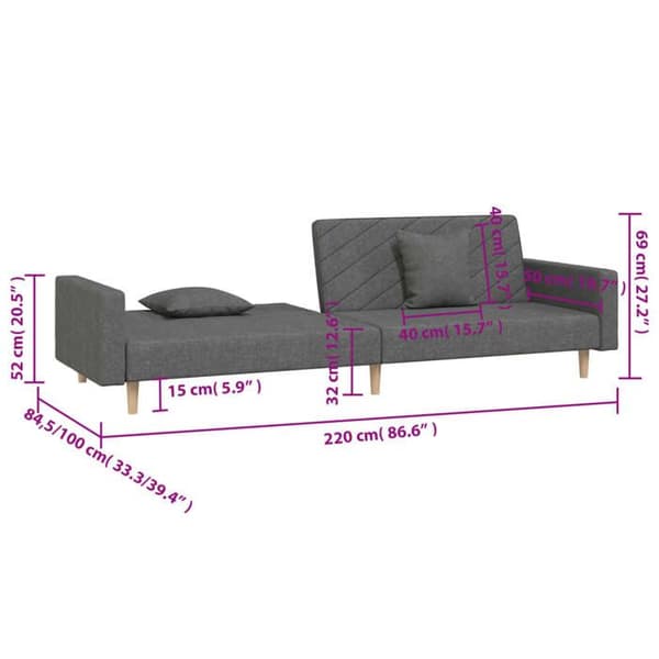 vidaXL 2-sits bäddsoffa med två kuddar mörkgrå tyg 375900