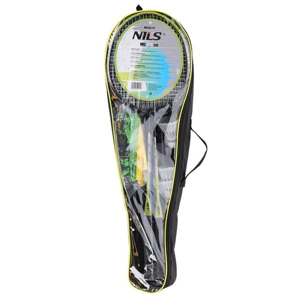 Badmintonset - NILS - 4 racketar - 3 nylonshögar - Nät 195x22 cm - Fällbara stolpar