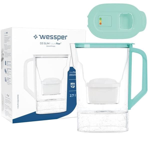 Filterkanna - WESSPER - D3 SLIM FutureFlow - 2,7 L - Grön - Vattenfilter och LED smart mätare