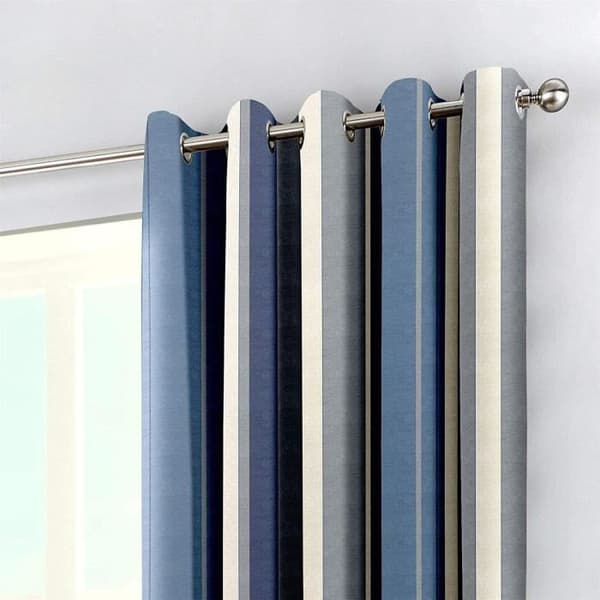 Vertical Stripe Blue Grå Beige Helfodrad 168cm X 137cm - Ringgardiner