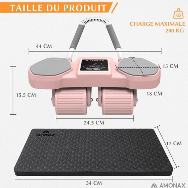 Abdominalhjul (Ab Roller) - AMONAX - Konvertibel - 2 stabilitetsinställningar - Bärbar och lätt - Rosa Pro