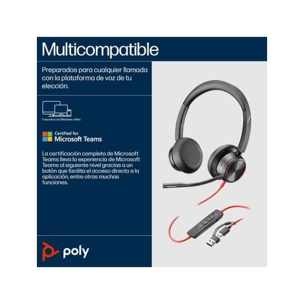 Mikrohörlur - HP Poly - Blackwire 8225 - Stereo - USB-C - Microsoft Teams certifierad