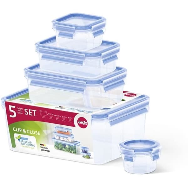 EMSA Set med 5 Clip&Close-behållare - 0,25/0,55/1/1,2/2,3 L - Rektangulär
