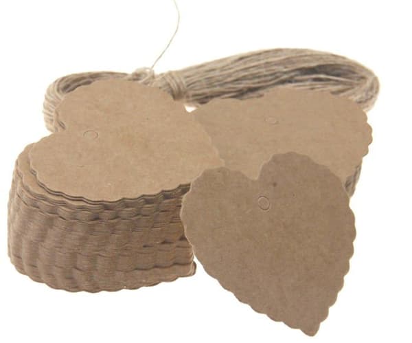 Presentetiketter - EMAGTECH - OS434-A - 100-pack - Kraftpapper - Hjärtfom - Brun snöre