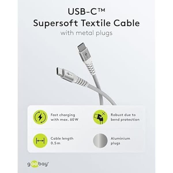 USB-C-kabel - GOOBAY - 70192 - 0,5m - Snabbladdning 60W - Flexibelt och hållbart flätat