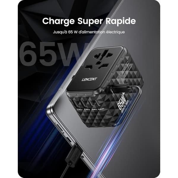 Reseadapter - LENCENT - 65W - 2 USB-A och 3 USB-C - Snabbladdning - GaN III-teknik