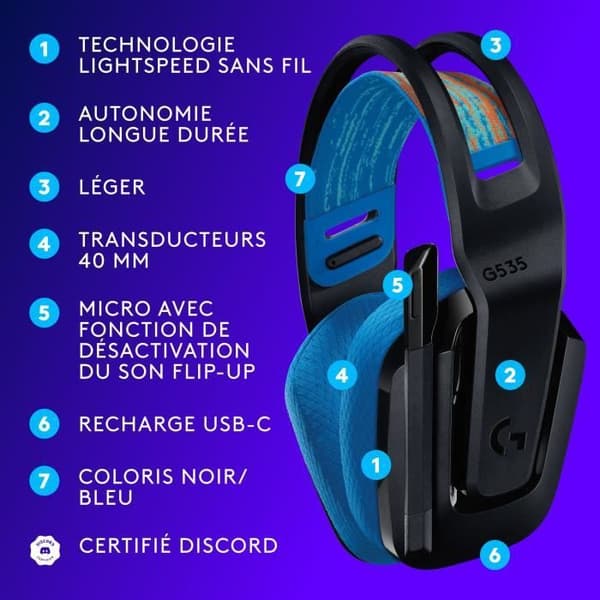 Spelheadset - Trådlös - Logitech G - G535 Lightspeed - PS5, PS4, PC, MAC - Svart/Blå
