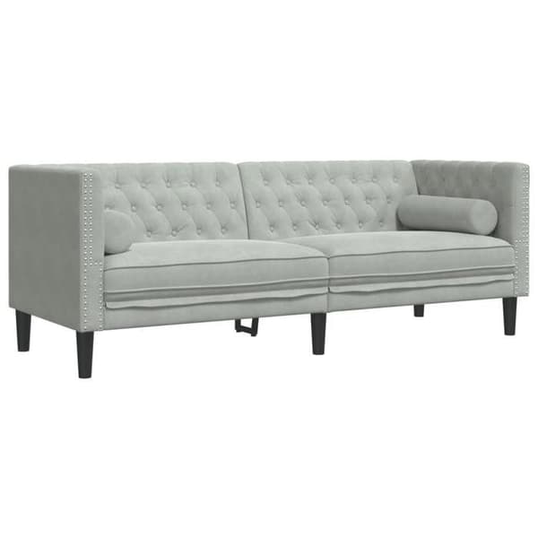vidaXL Chesterfield-soffa med kuddar 3-sits ljusgrå sammet, soffa, vardagsrumsoffa, 3-sits soffa, 372693