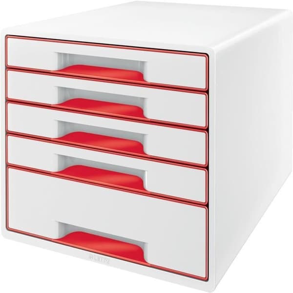 Sorteringsblock - LEITZ - WOW CUBE - 5 lådor - Vit/Röd - Ultra blank