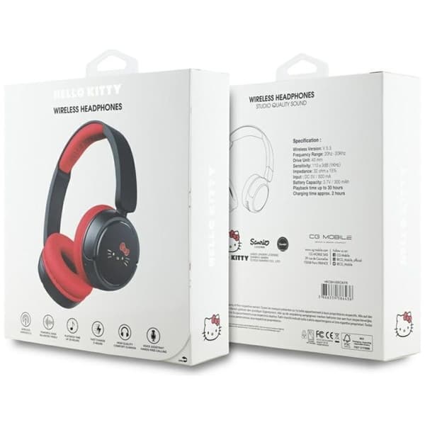 Bluetooth-hörlurar - Hello Kitty - Ansiktslogo - Batteritid 30h - Bluetooth 5.3 - Röd