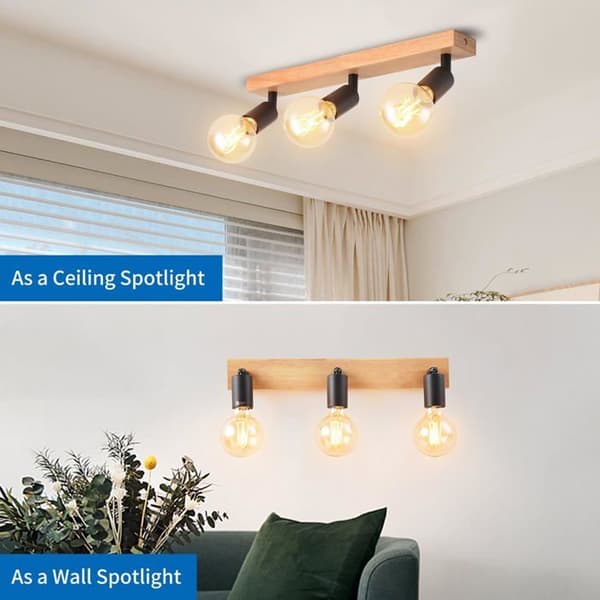 ANWIO Taklampa 3 vridbara spotlights E27 Svart - Rektangulär bas i trä, modern design