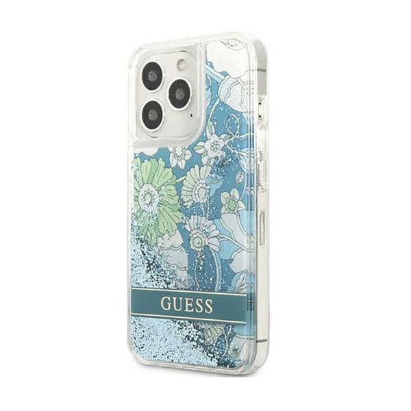 Telefon skal - Guess - Flytande Glittrande Blomma - iPhone 13 Pro Max - Blå/Grön - Mjuk