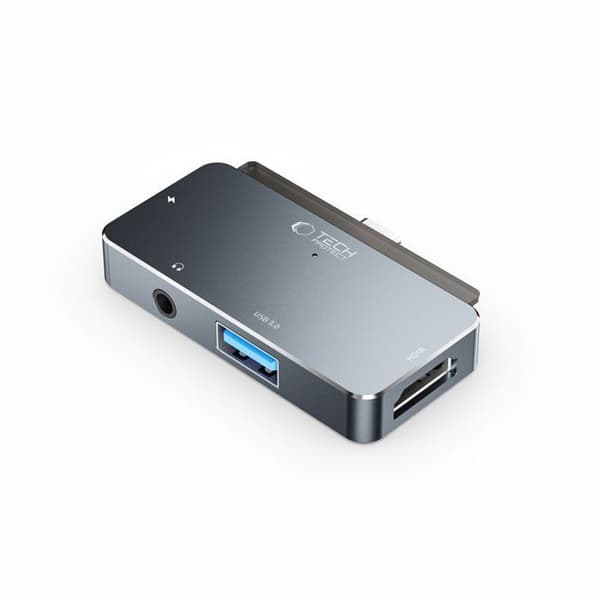 Adaptator Hub Tech-Protect V6 4 i 1 - USB-C, HDMI, 2 USB 3.0 - Aluminium Grå - Plug & Play