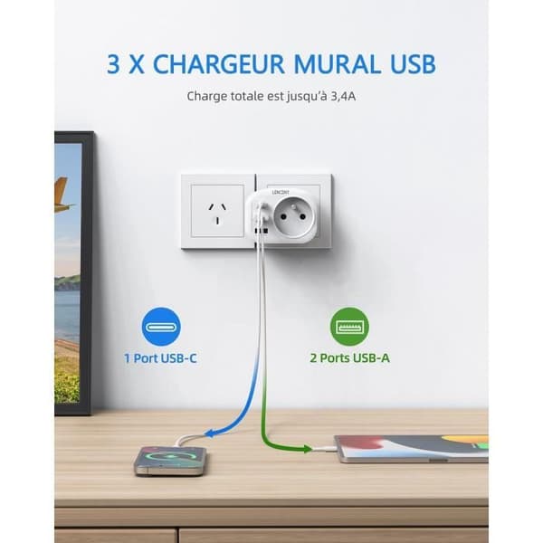 Reseadapter 4 i 1 - LENCENT - Typ I - 2 USB-portar - 1 USB-C-port - 2500W