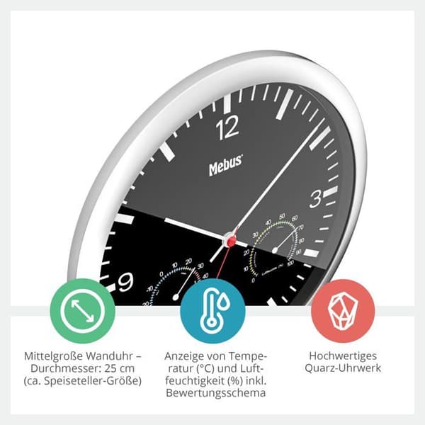 Väggklocka - Mebus - 56731 - Termometer - Hygrometer - Svart urtavla