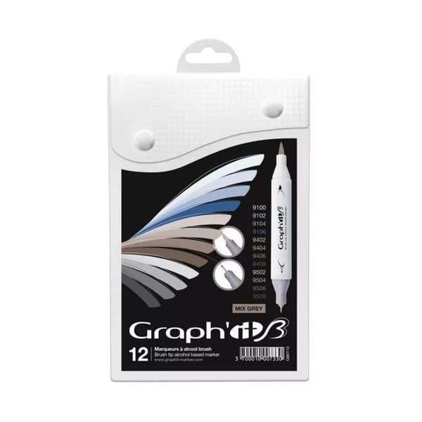 Graph'It - Set med 12 Graph'it Brush Markörer Mix grå