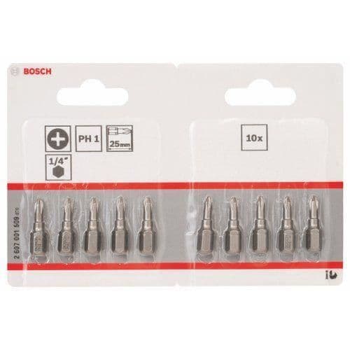 Phillips bits - BOSCH - PH 1 - 10 delar - Stål med TIN-beläggning - Extra hårt