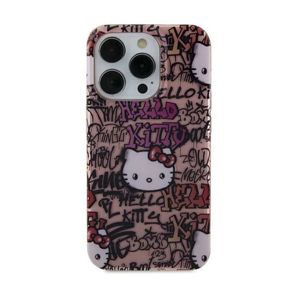 Telefonfodral - Hello Kitty - iPhone 15 - Rosa - Mjuk - Graffiti-design
