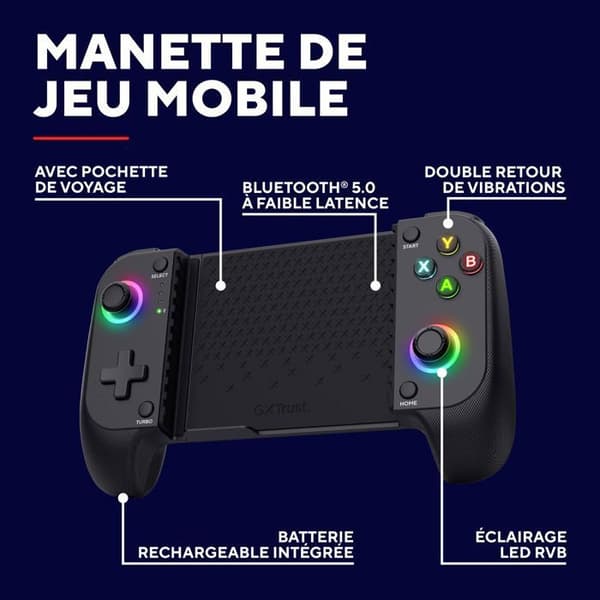 GXTrust Manette Smartphone Bluetooth - Trust GXT 735 Mylox - Android/iPhone/PS5/Xbox - RGB - Dubbel vibration - Svart