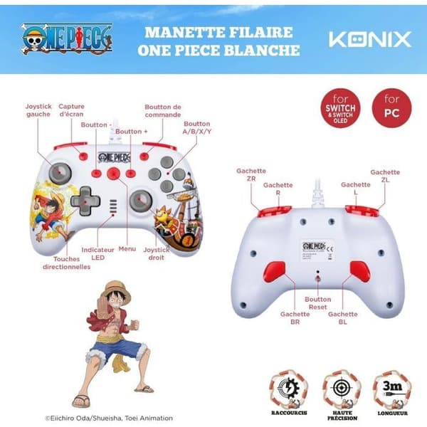 Spelkontroll - Nintendo Switch, Switch 2 och PC - One Piece - Trådad - Vit - Vibrationsfunktion - 3 m kabel - Luffy - Konix