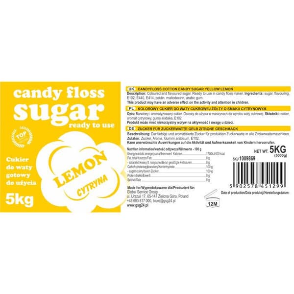 Färgglad sockervadd, citrongul, 5 kg