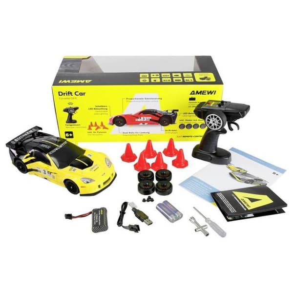 RC-bil - AMEWI - Corvette C6.R - Gul - LED-belysning - 1:18