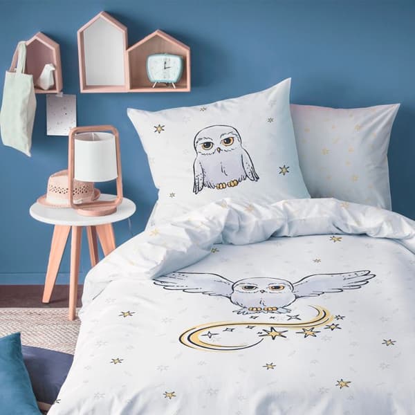 Barnsängkläder 100% Bomull - HARRY POTTER UGGLA - Vit - 140x200+63x63cm