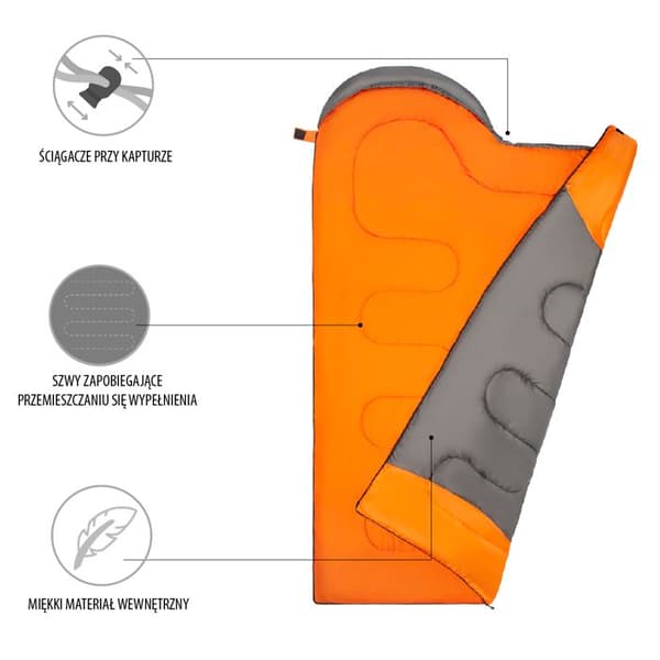 Sovsäck - NILS CAMP - NC2008 - Grå-Orange - Storlek L - 190T Polyester - Polyesterfiber 250G/m2 - 185+30x75 cm