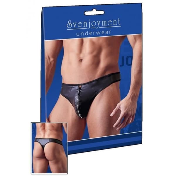 Svart Wet Look stringtrosa med strassdragkedja - S - Herr