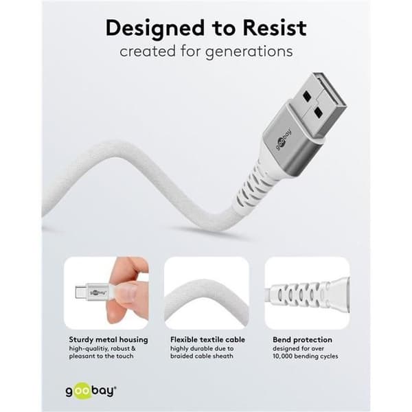 Supermjuk textil USB-C™ till USB-A-kabel 0,5 m, vit